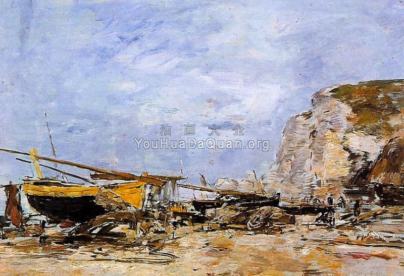 Etretat, Boats Stranded on the Beach - 尤金·布丹